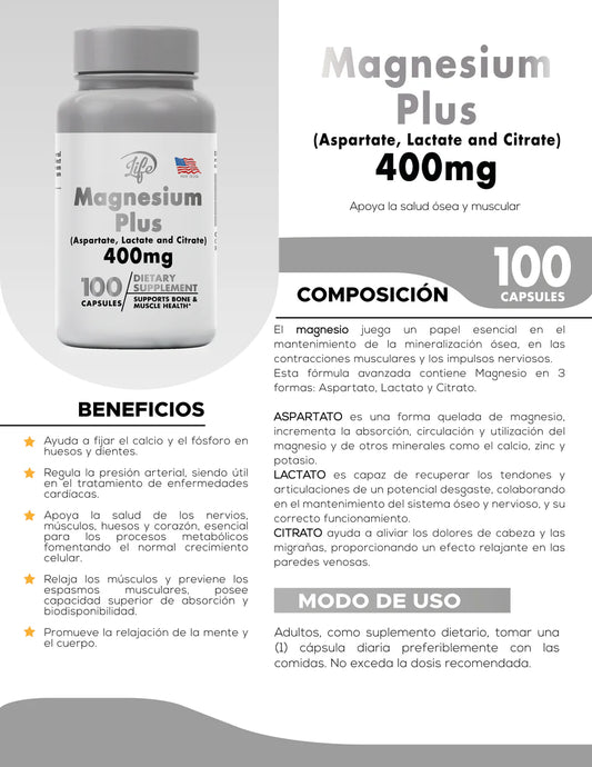 Magnesium Plus 400 mg – Soporte Diario para Músculos, Huesos y Bienestar General